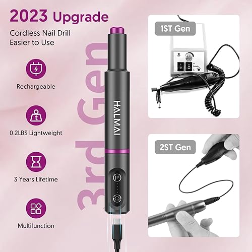 Miniatura 2 de HALMAI Taladro eléctrico de uñas, kit de lima de uñas portátil inalámbrico para uñas acrílicas, uñas de gel, máquina profesional recargable de