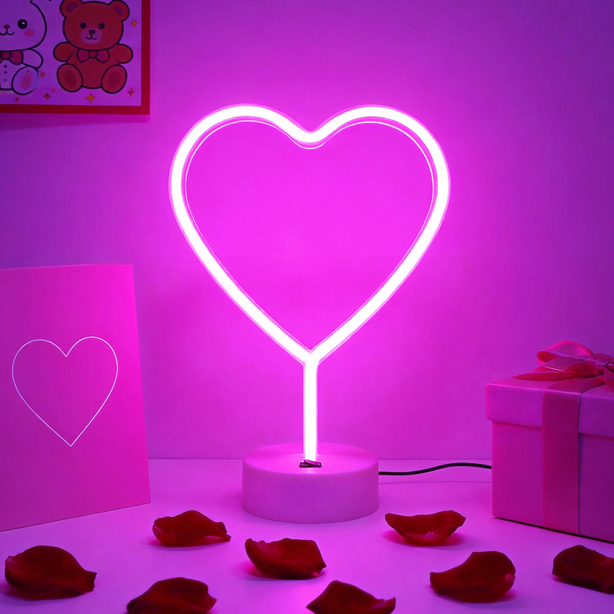 Attivolife Heart Neon Sign, Pink LED Lights for Wall Decor, Love Shaped wuth Base, USB or 3-AA Battery Powered, Girl Bedroom Table Decor for Woman Couple Wedding Party Valentine's Day Birthday Gifts