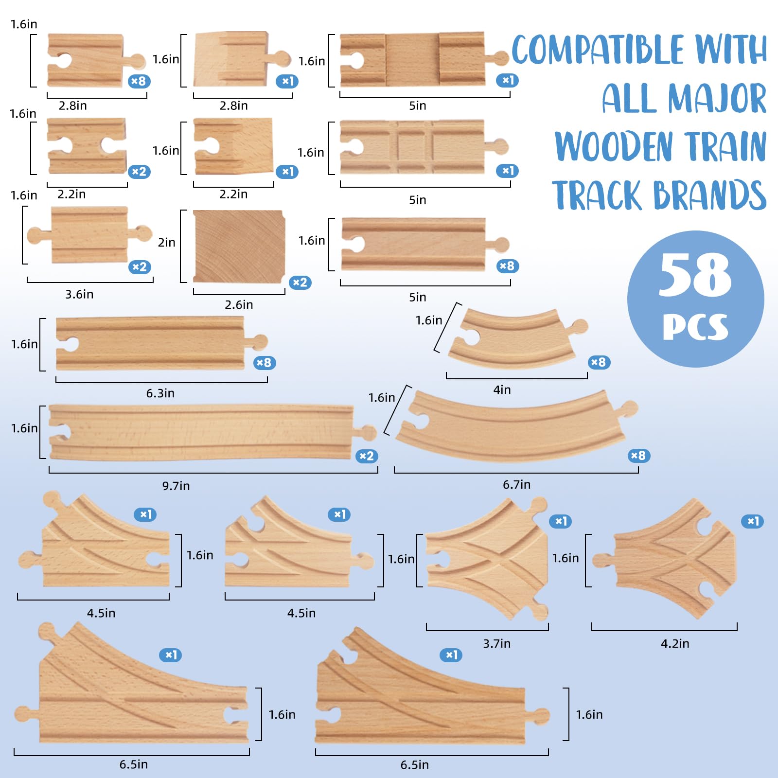 Wooden Train Tracks 58 Piece Set, Track Expansion and 9 Distinct Pieces - 100% Compatible with All Major Brands Including Thomas Wooden Railway System