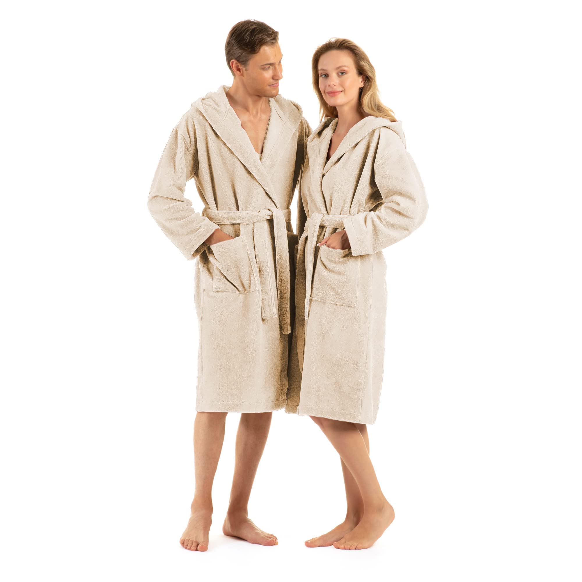 Bademantel Damen Flauschig, Bademantel Herren mit Kapuze aus Baumwolle, Frottee Saunamantel, Unisex, Sauna Mantel Damen mit langem Gürtel S/M - L/XL