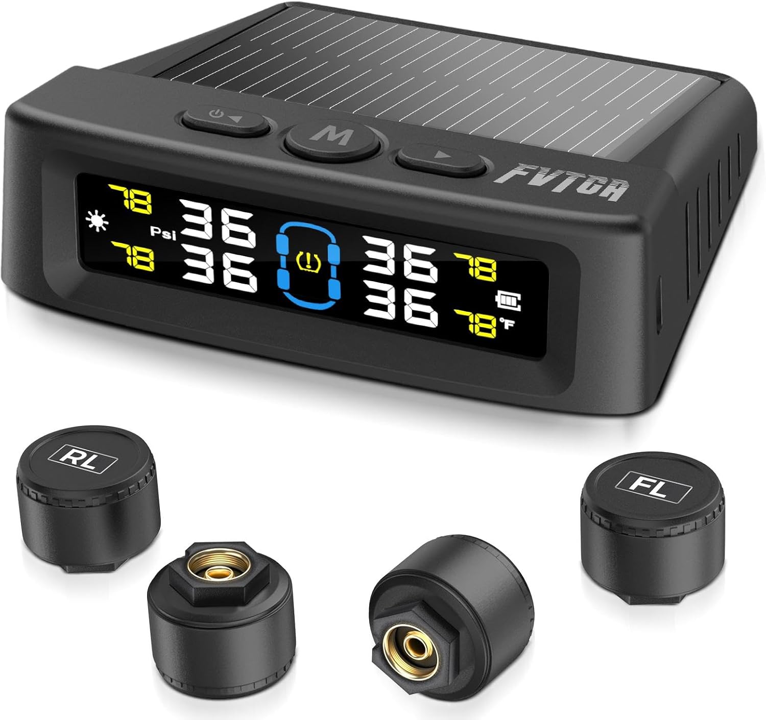 Tire Pressure Monitoring System – TPMS with Solar and USB Charger, 4 Tire Sensors and 6 Alarm Modes, Auto on/Off and Voice Prompt, TPMS with Color LCD Screen, for RV, Sedan, SUV, MPV, etc (0-87 PSI)
