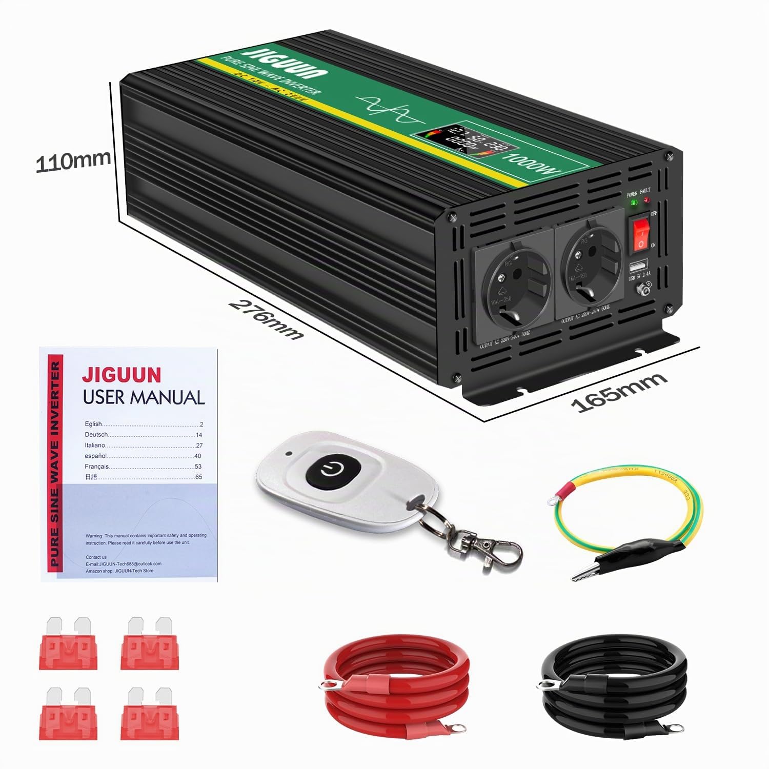 JIGUUN 1000W Convertisseur 12V 220V Pur Sinus Onduleur transformateur Puissance crête 2000W avec Télécommande sans Fil Écran LCD 2 Prises EU 1 Port USB pour Voiture Camping Voyage Urgence
