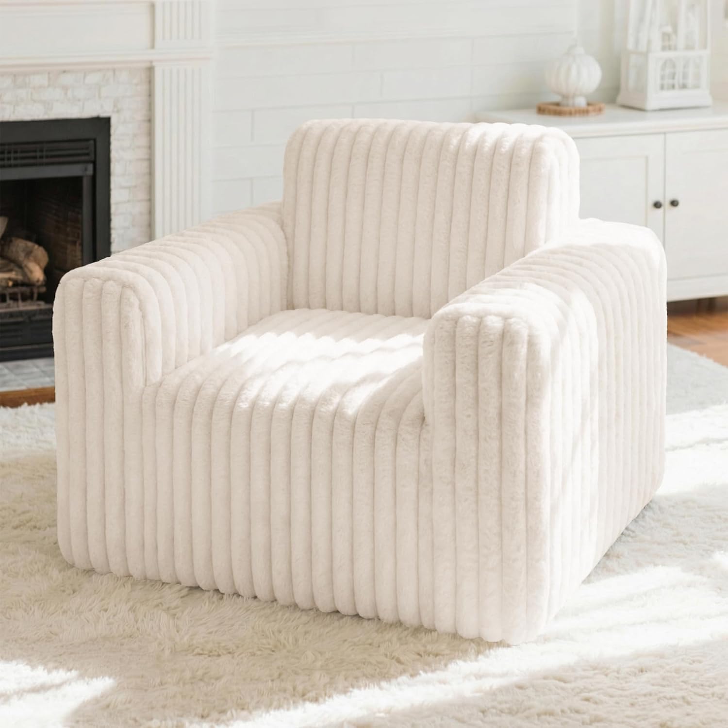 Giant Bean Bag Chair for Adults, Non-Slip Floor Sofa with High Backrest & Wider Armrest, Upgrade Whole Sponge Bean Bag Sofa Couch for Bedroom Living Room(Large,Beige,Stripe Plush)