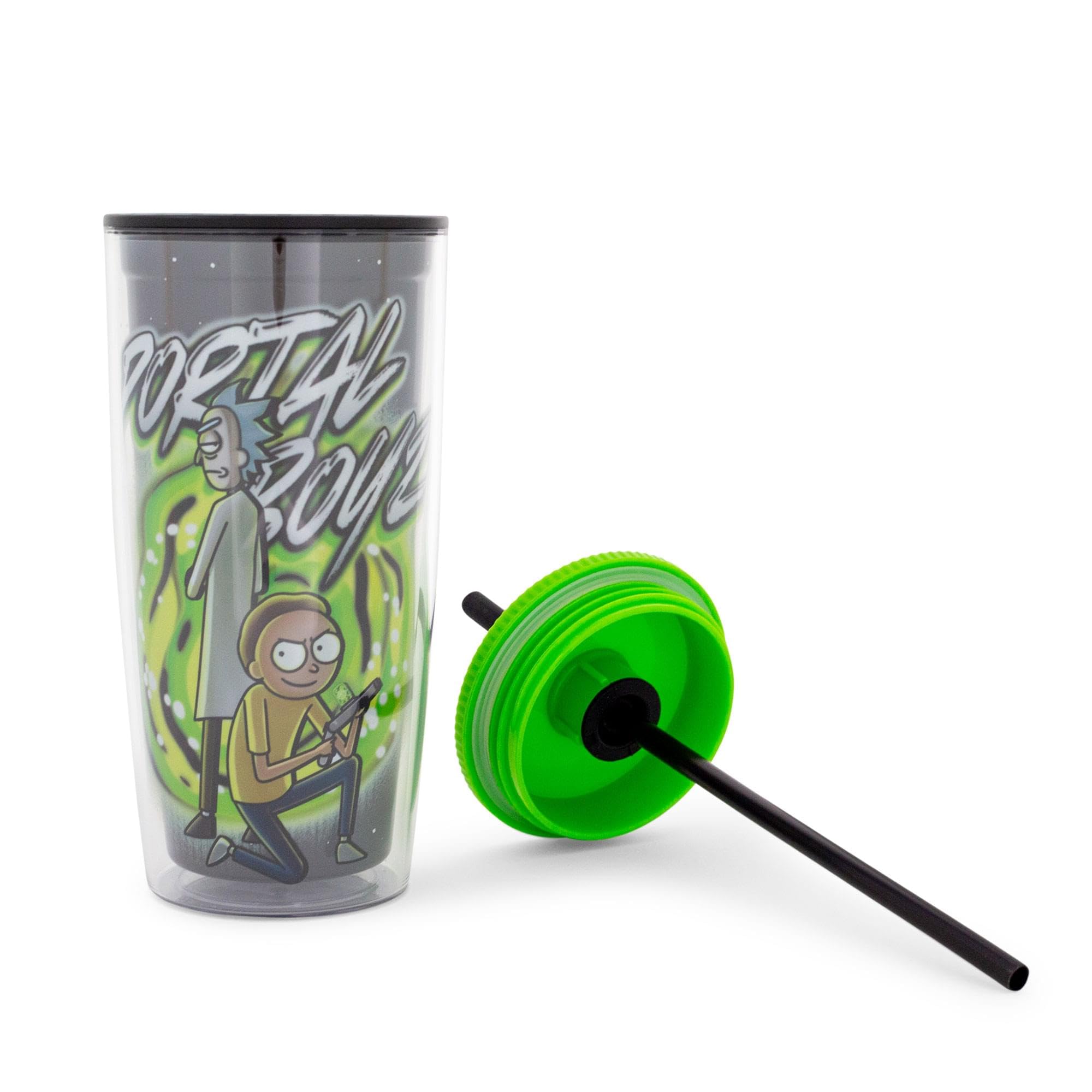 Rick and Morty "Portal Boyz" Plastic Tumbler With Lid and Straw, Green - Image 2