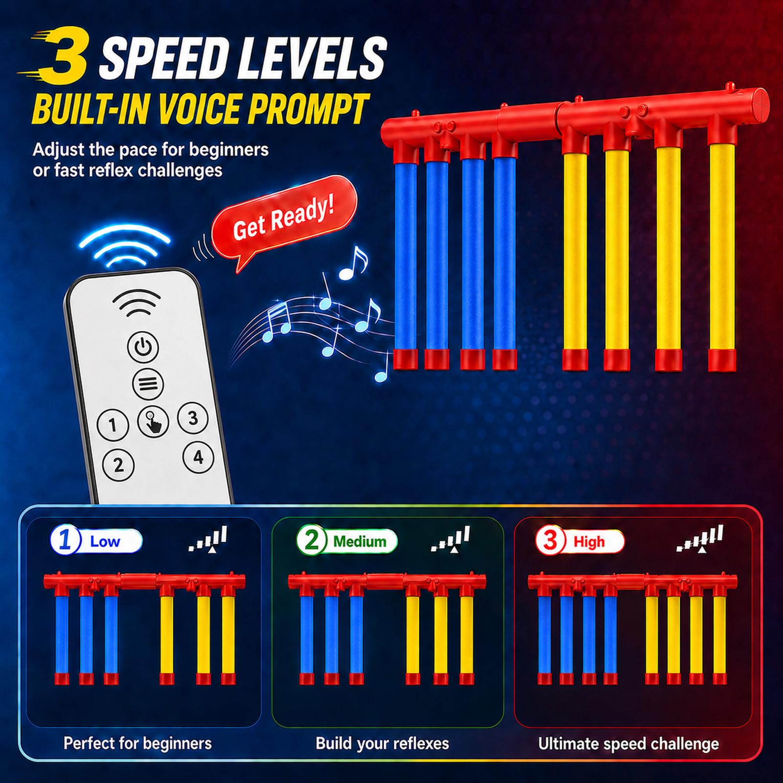 Reflex Challenge Game – Drop Stick Reaction Trainer con 3 modalità di | Bastoncini cadenti a 3 livelli | con istruzioni vocali e telecomando | per esercitarsi in solitaria o doppia coordinazione