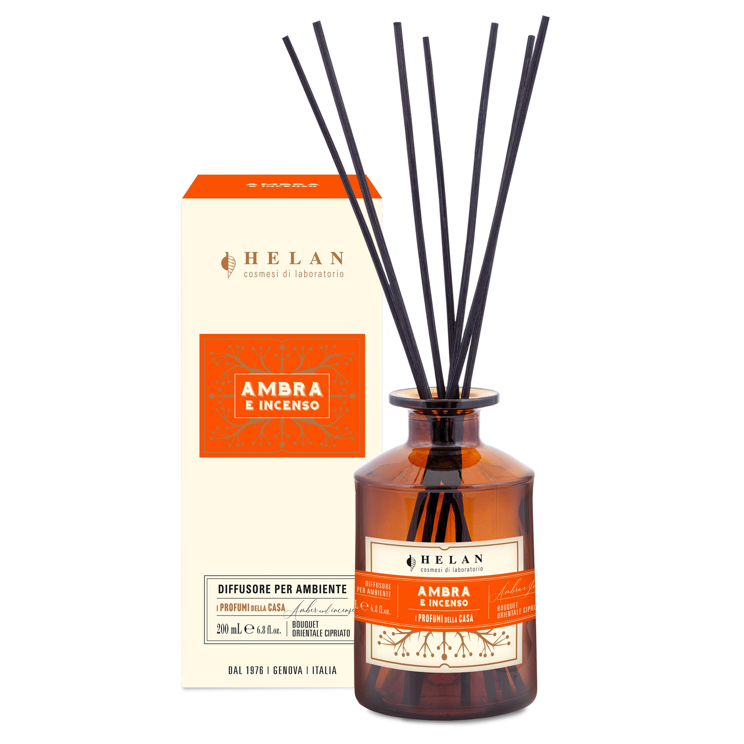 Helan Ambra e Incenso - Profumatore per Ambienti, Profumo Ambiente con Bastoncini per Diffusori Orientale e Cipriato, Idee Regalo Deodorante e Profumatori Ambiente 200 ml, Profumi Made in Italy