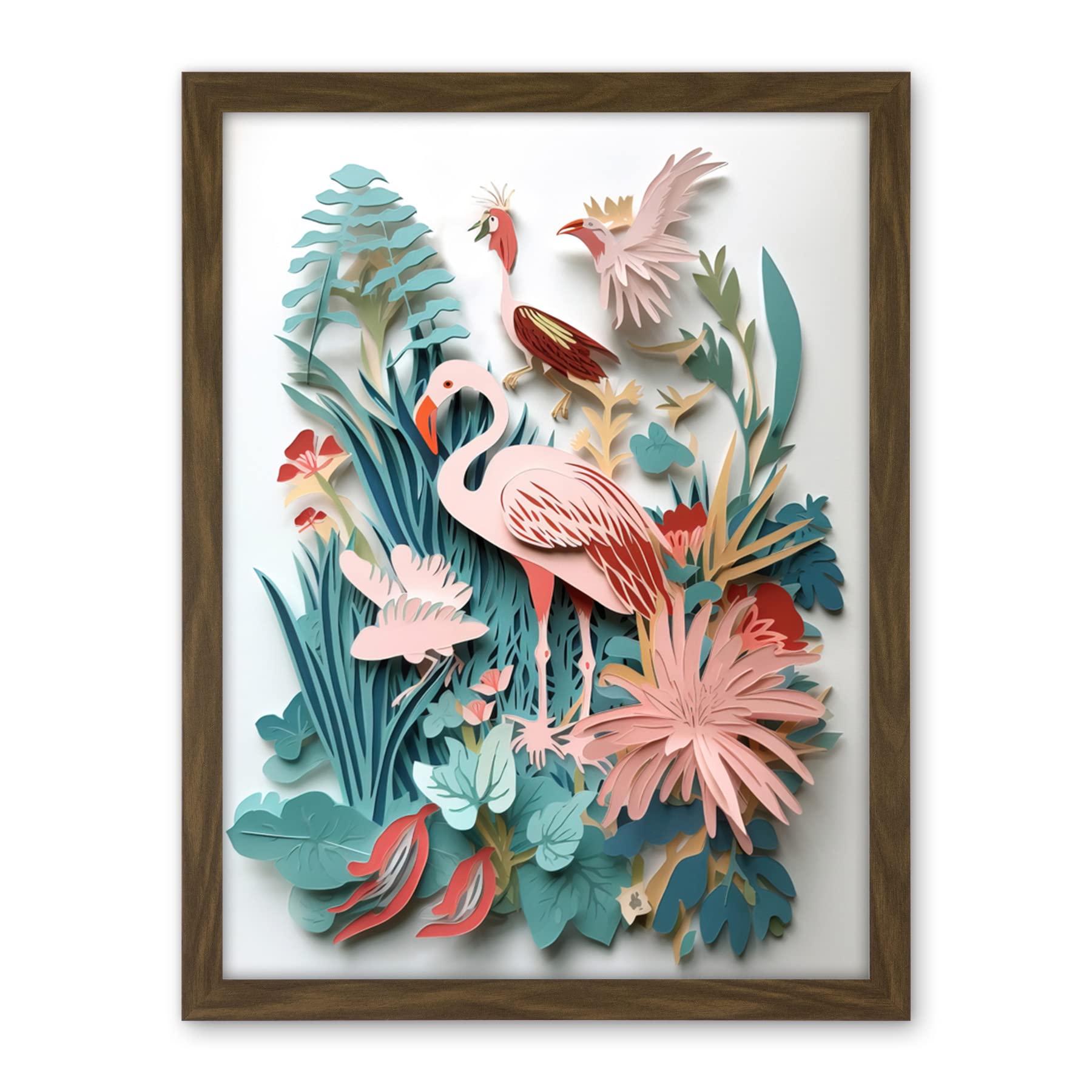Artery8 Tropical Plants And Birds Multi-Dimensional Paper Kirigami Art Print Artwork Framed Wall Art Print 18X24 Inch