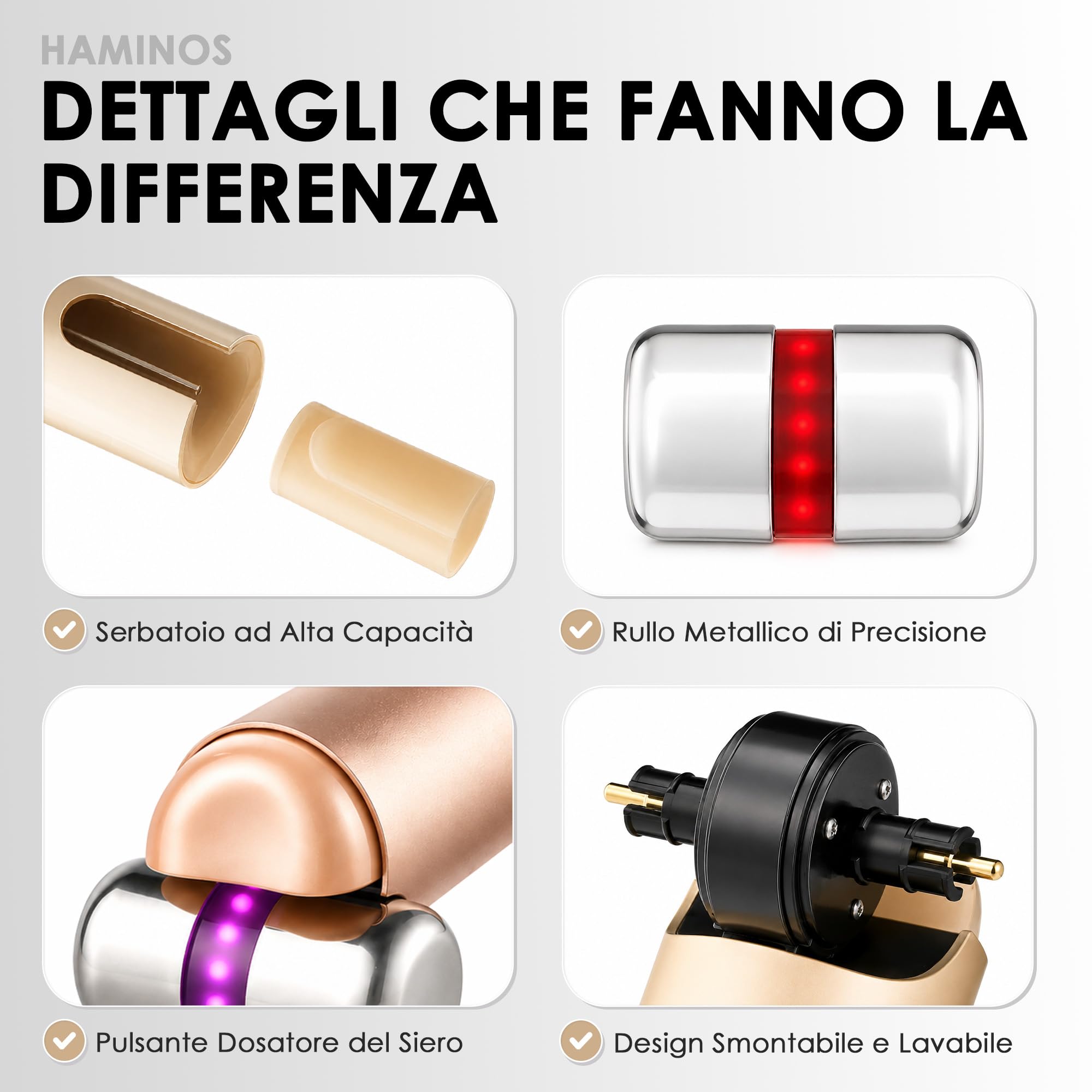 HAMINOS Dispositivo Viso con Microcorrente EMS e Infusione di Siero, Massaggiatore Viso con Luce Rossa, Blu e Viola, 3 Intensità, Beauty Tool Ricaricabile USB-C