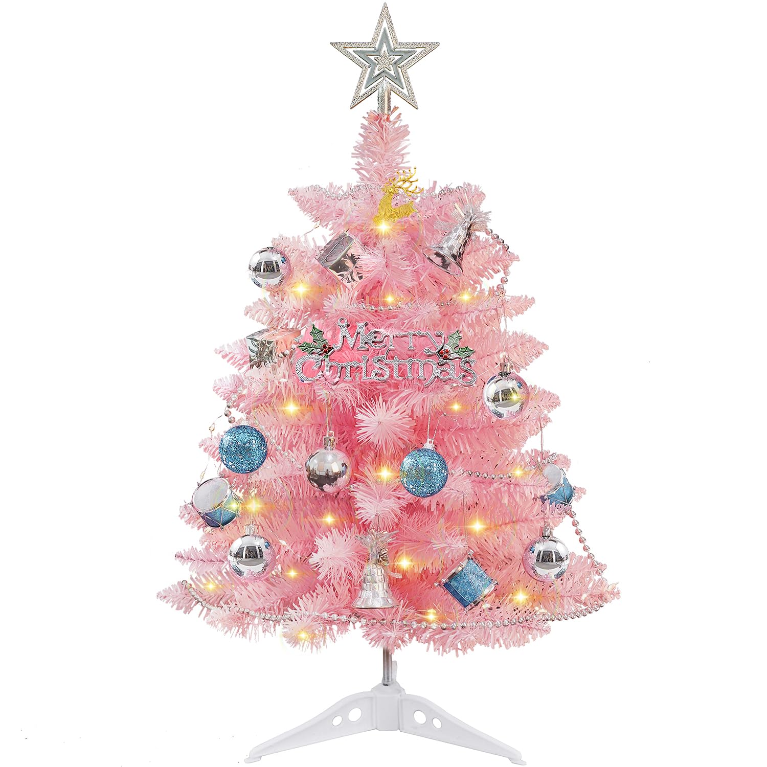 Mini Pink Christmas Tree, 24 Inch/2ft Artificial Small Table Top Christmas Tree, Tabletop Christmas Tree with Tree Star, Ball Ornaments for DIY Christmas Decorations