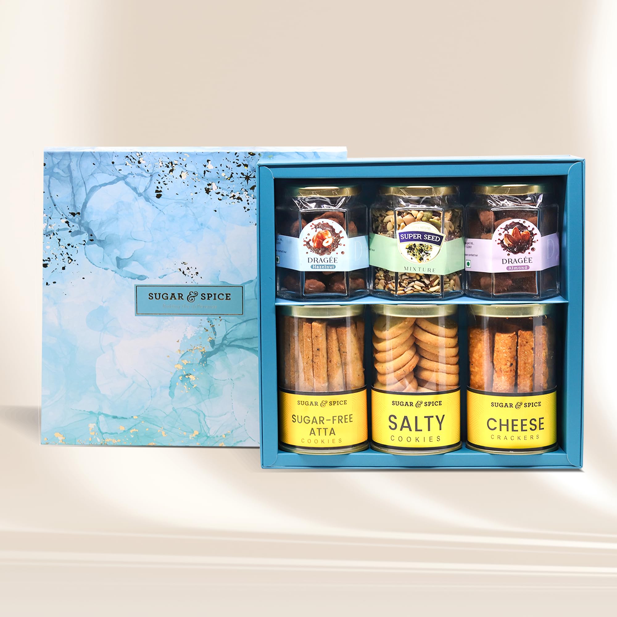 Sugar and Spice Gift Hamper Box | Almond Dragee, Hazelnut Dragee, Sugar free Atta Cookies, Salty Cookies, Cheese Crackers, Super Seed Mixture | Premium Festive & Corporate Gifting Hampers | Marble IRIS Celebration Gift Hamper (B0DCBL4Z3J) Amazon Price History, Amazon Price Tracker