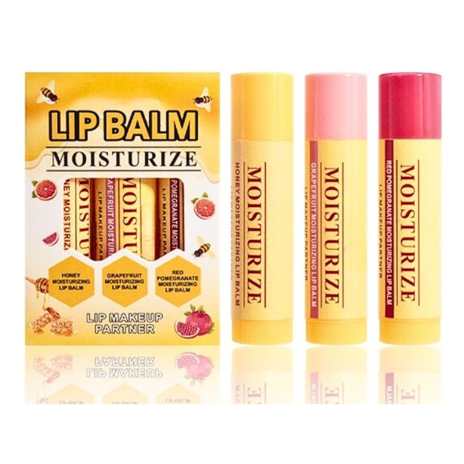 3 Pcs Lip Balm Gift Set,Bees Lips Balm Multipack with 3 Fruity Flavours Natural Formula,Moisturising Lip Butter Balms Duo for Dry Lips,Daily LipCare (Yellow)