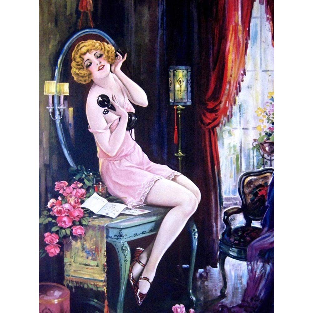 Wee Blue Coo Painting Deco Flapper Woman Candlestick Telephone Art Print Poster Wall Decor 12X16 Inch