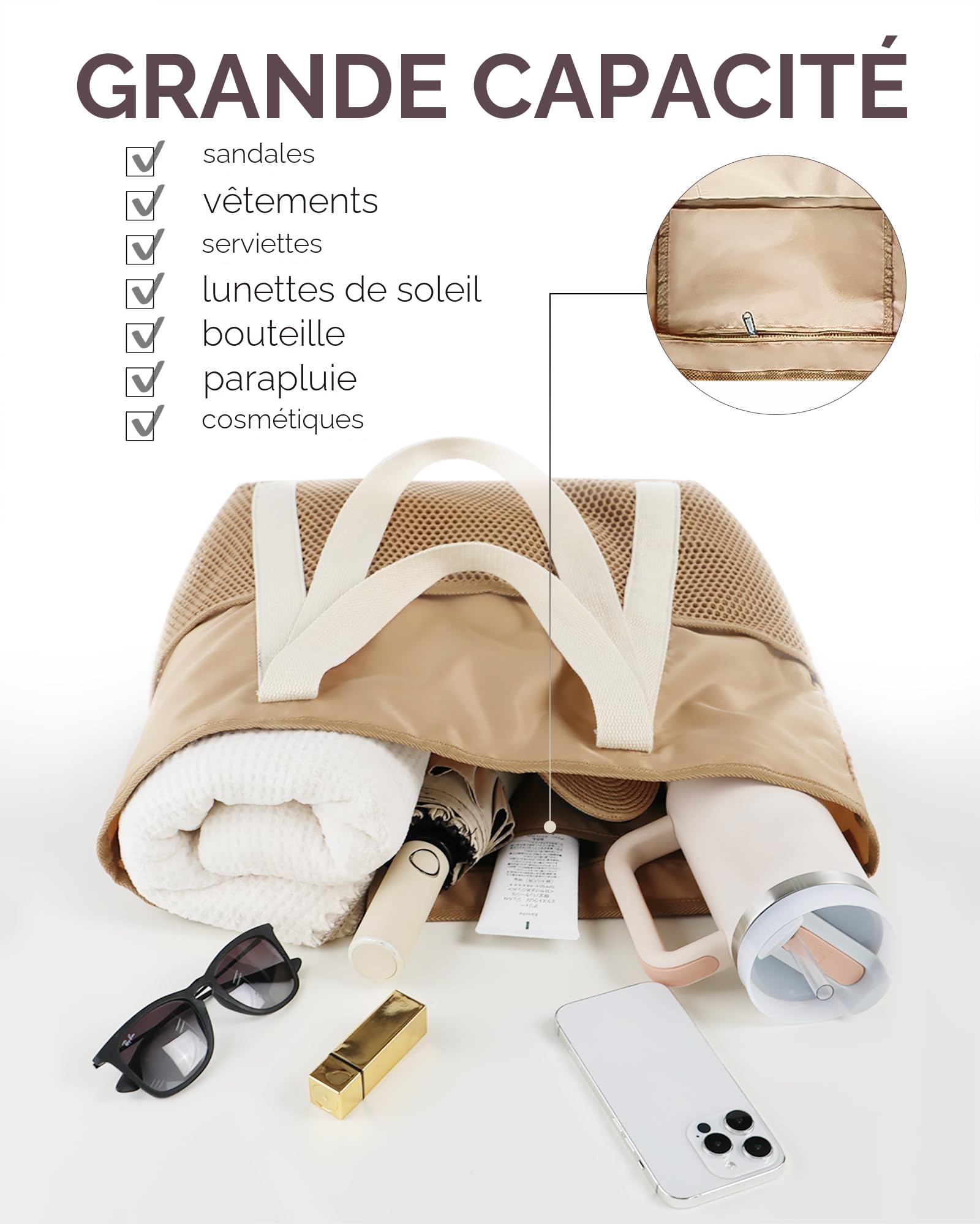 HOMESPON Sac de Plage Imperméable pour Femme Homme Famille Grand Sac Cabas avec Poches Multiples et Fermeture Éclair Idéal pour Plage Piscine Voyage Sport Shopping