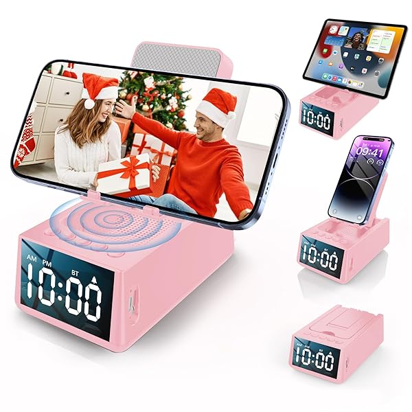 Gifts for Women/Girls, Phone Stand with Bluetooth Speaker & LED Alarm Clock, 12H Playtime&Anti-Slip Base, Hands-Free for Home Cooking/Office, Thoughtful for Mom, Grandma, Wife (Pink)