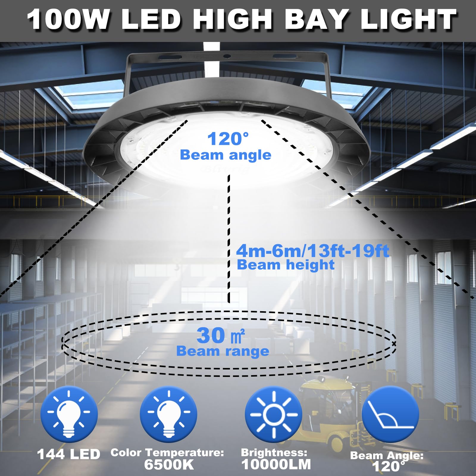 6 Stück 100W UFO LED Werkstattlampe 10000LM Hallenstrahler Superhell 6000K | Kaltweiß, IP65 Wasserdicht, 120° Strahl, 144 LEDs, Industriestrahler für Fabriken Lager Werkstätten Logistikzentren Stellen