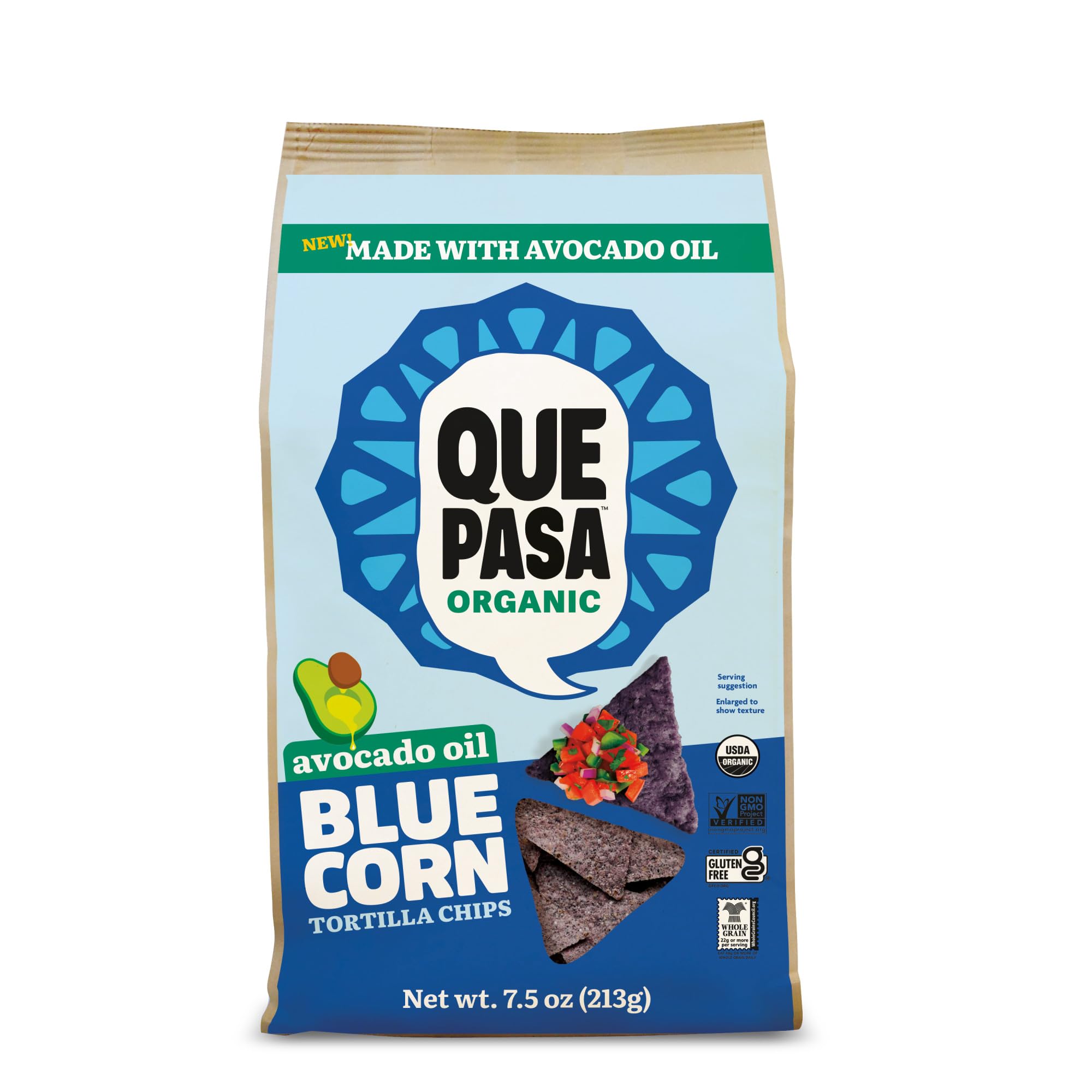 Que Pasa Organic Avocado Oil Blue Corn Tortilla Chips, 7.5 oz (Pack of 1), Gluten Free, Non-GMO, by Nature's Path