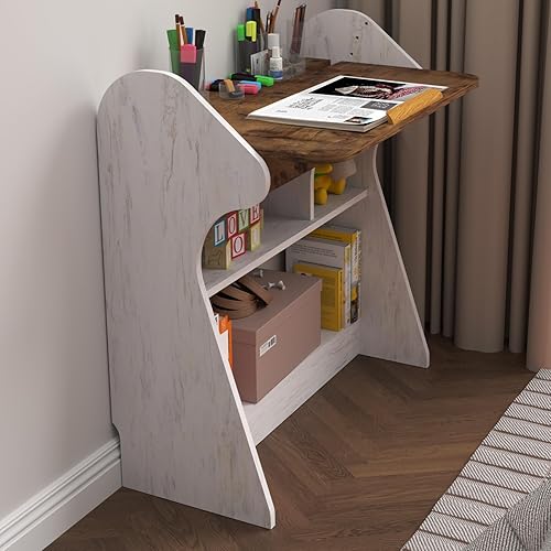 Miniatura 9 de Mesa de pie con hojas caídas, escritorio plegable con estantes, mesa plegable para laptop con 4 ángulos ajustables, estación de trabajo