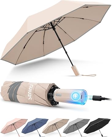 Seniny Rechargeable Electric Travel Umbrella, Auto Open Close Windproof | Rechargeable one-touch open-close, windproof waterproof fabric, reflective stripe for night safety, compact for travel use
