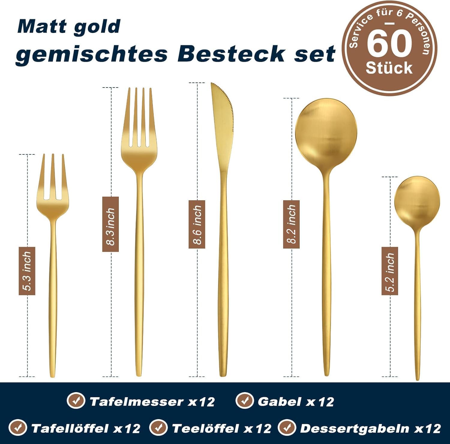 Bestdin Besteck Set 12 Personen, 60 teilig Edelstahl Besteckset Gold Matt, Essbesteck Set mit Messer Gabel Löffel, Hochwertiges Edelstahlbesteck, Spülmaschinenfest.