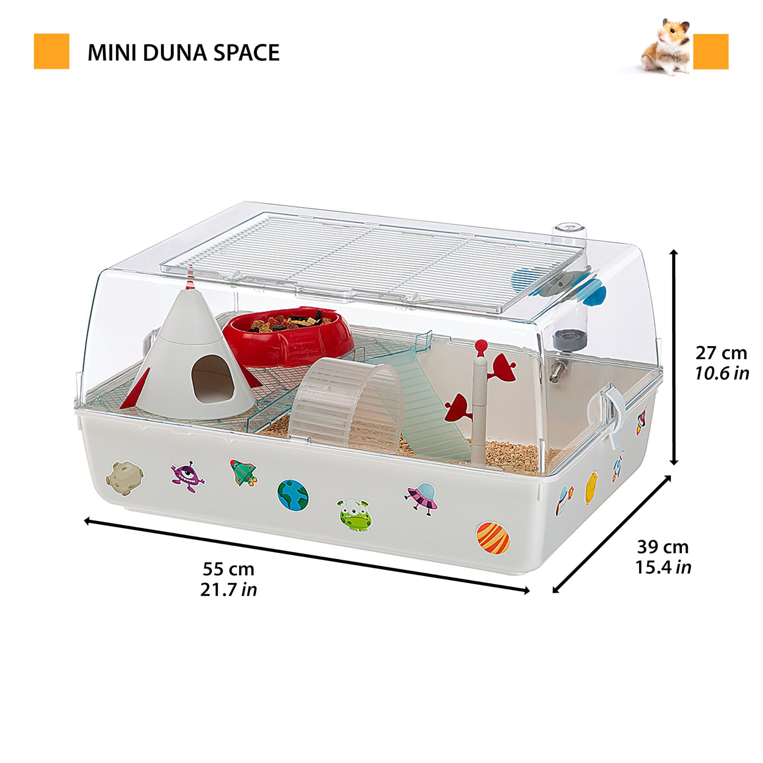 Ferplast Gabbia per Criceti a tema Spazio, Tetto Apribile, Habitat con tutti gli Accessori e Adesivi inclusi, Base Removibile, 55 x 39 x h 27 cm