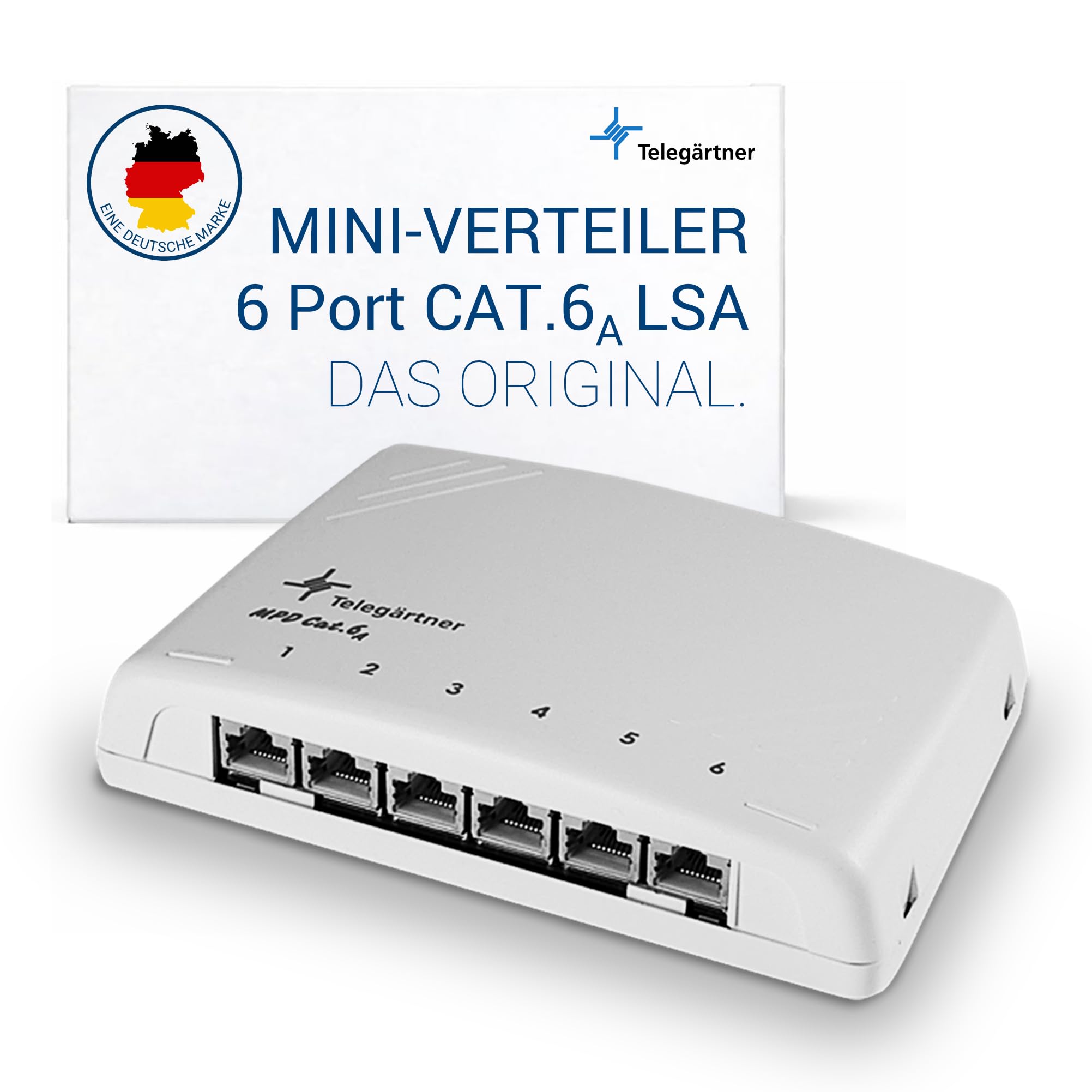 TELEGÄRTNER J02021A0051 Modular Patch Verteiler Kat.6A (tief), 6X RJ45 | 6-fach RJ45 Patchpanel, 360° Schirmung, LSA-Anschluss T568A/B, werkzeugfreie Montage, bis 10 Gbit/s & PoE+ geeignet