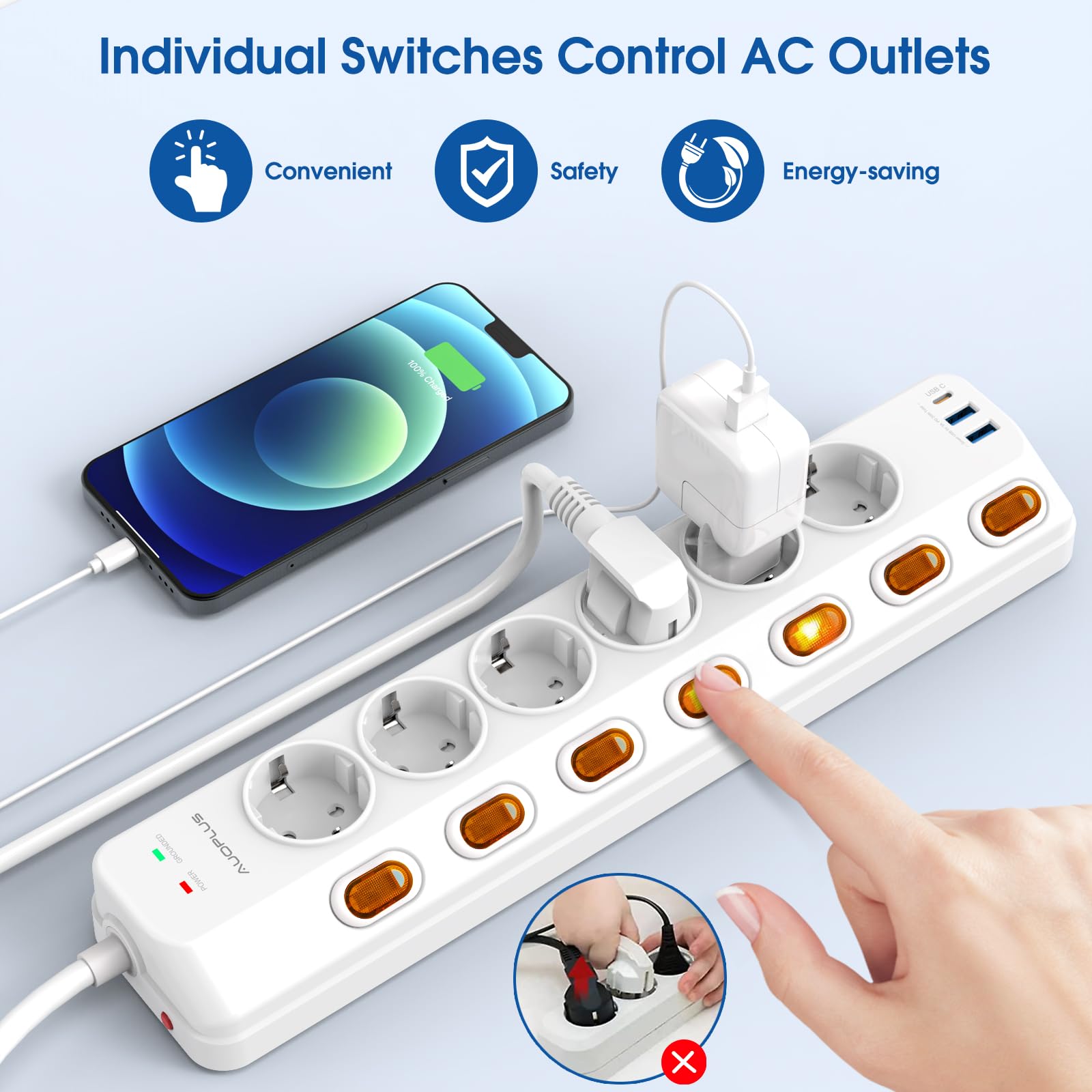 Regleta Enchufes con USB,Regletas Enchufes de 6 Tomas Corrientes,2 Puertos | USB-A y 1 USB-C(PD 20W),Enchufe Multiple 3680W/16A con interruptores individuales y Protección Infantil,Cable de 3M,Blanco