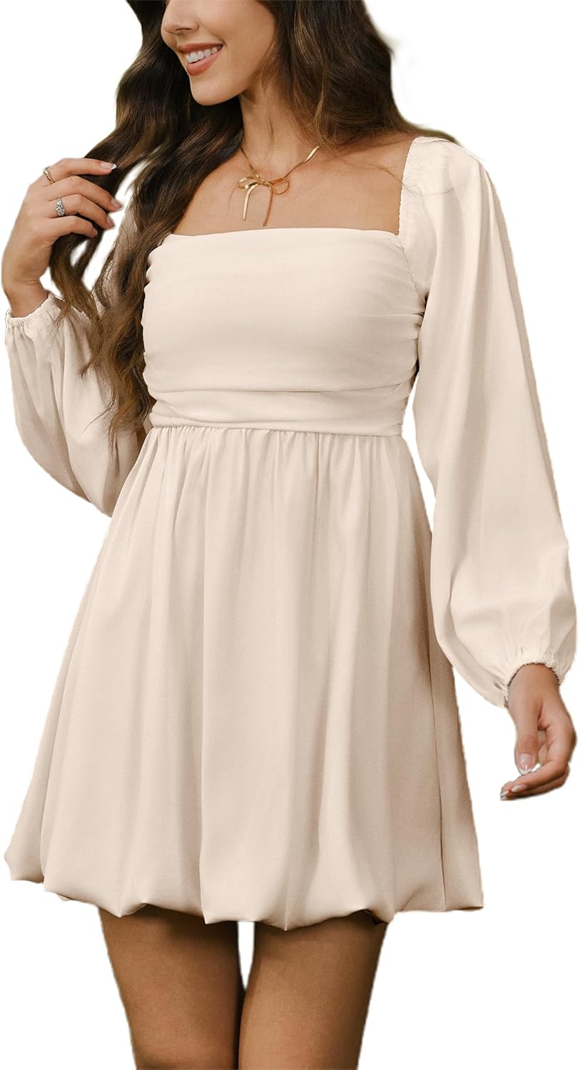 HYPERFIRE Women's Square Neck Long Sleeve Bubble Mini Dress Pleated Smocked A Line Wedding Dresses