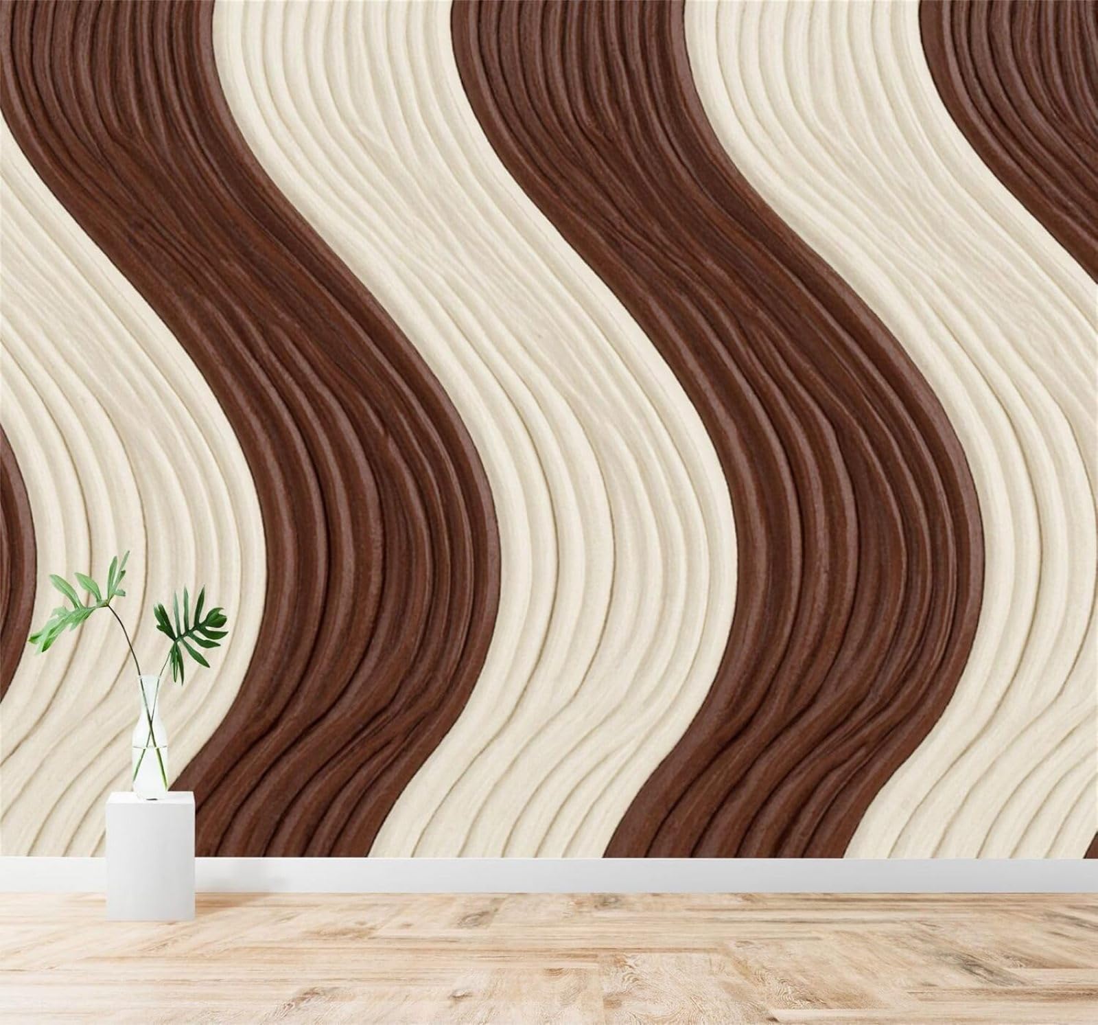 Tzxztt 400Cm×280Cm(B×H) Brown Beige Wavy Lines Abstract Pattern Texture Modern 3D Wallpaper Premium Textured Silk Neutral Tones Material Ideal For Living Room Bedroom-400Cm×280Cm