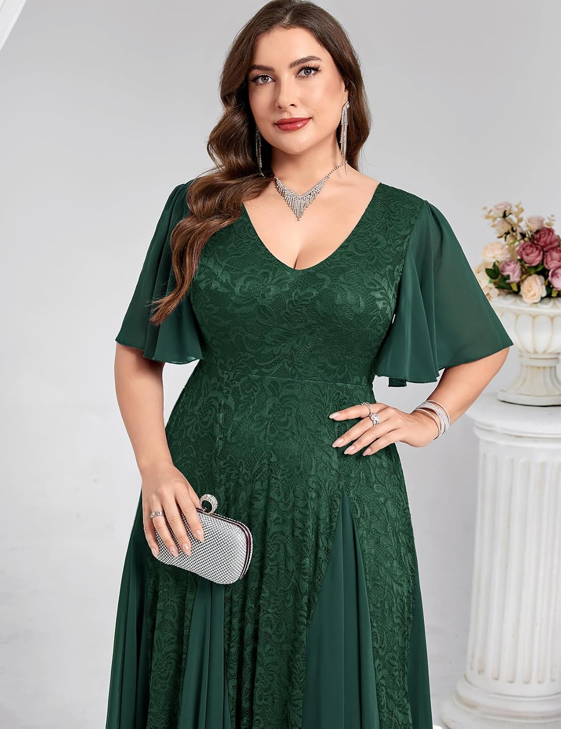 Plus Size Formal Lace Dress Maxi V Neck A-line Chiffon Wedding Guest Prom Evening Gown Gala Elegant Black Tie - Image 2