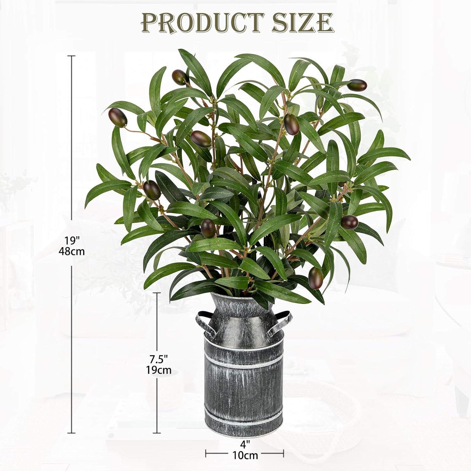 Briful Artificial Olive Branches with Rustic Metal Vase 19in Realistic Faux Olive Greenery Stems Faux Potted Plant for Home Office Room Kitchen Wedding Centerpiece Farmhouse Decor - Image 2