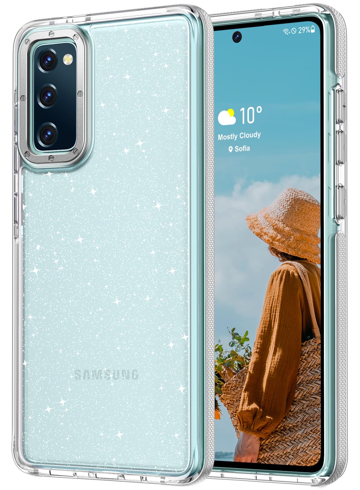 Rayboenfor Samsung Galaxy S20 FE Case Glitter, Cute Sparkly Bling Shiny [Non-Yellowing] Clear Cover for Women Girls, [Anti-Slip Textured] Protective Phone Case for Samsung S20 FE 5G, Glitter White