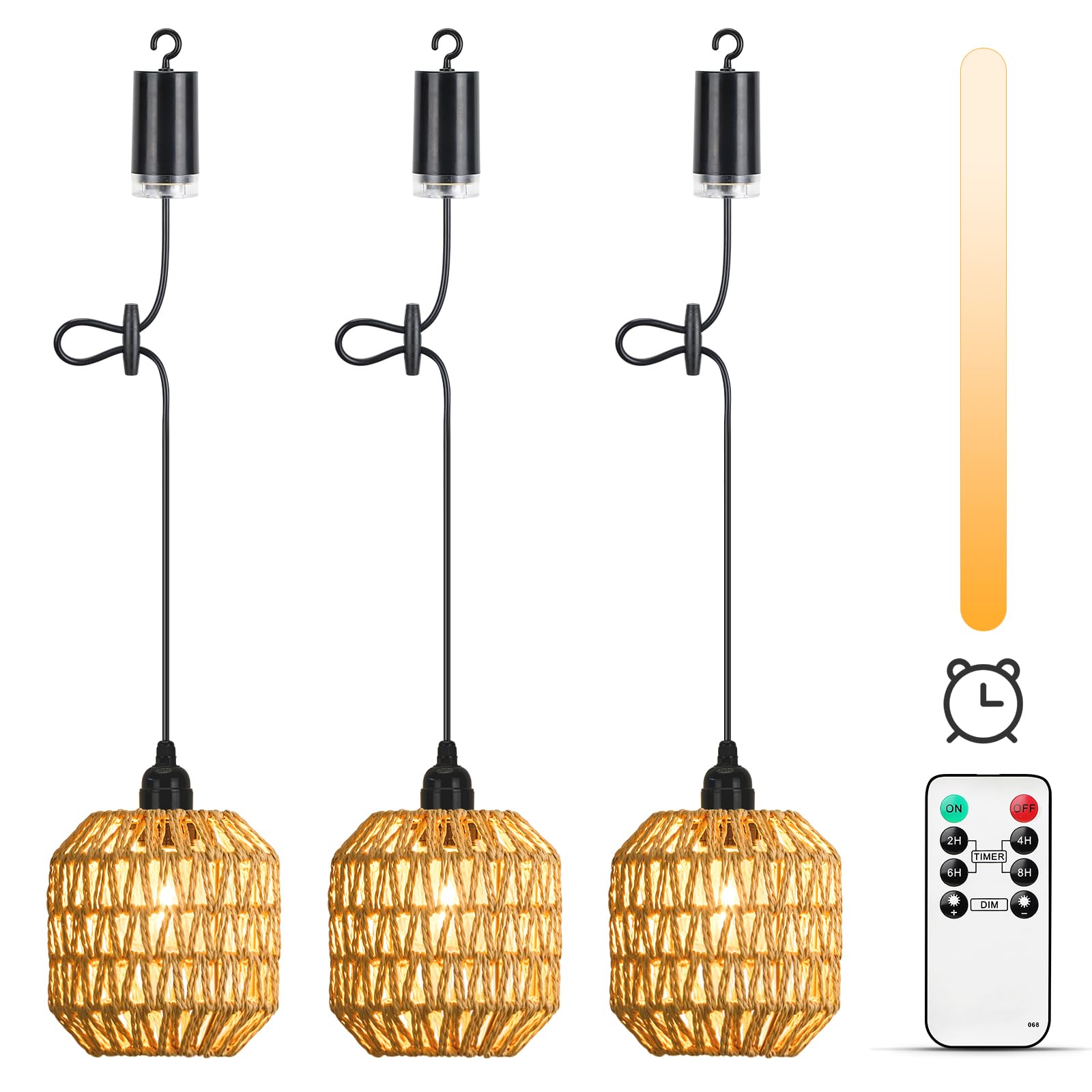 3 sztuki lamp wiszących z baterią, boho, lampa wisząca, akumulatorowa, możliwość ściemniania, rattanowa, bez przyłącza do prądu, lampa wisząca, zasilana bateriami, z pilotem zdalnego