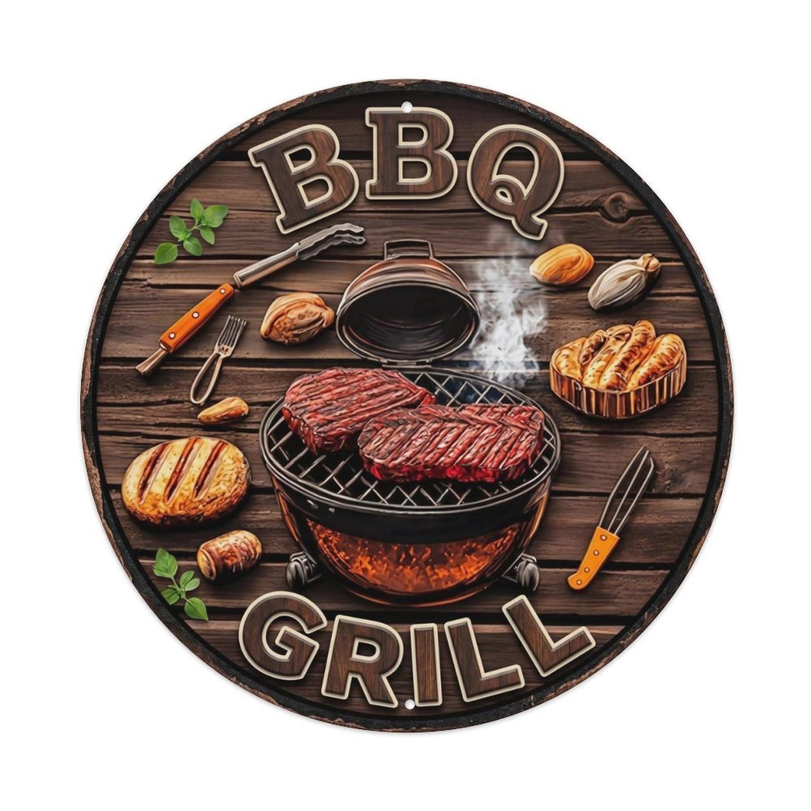 BBQ Barbecue Kettle Grill Vintage Metal Tin Sign Plaque Wall Decor for Cafe, Club, Garden Round Metal Poster 8x8Inch