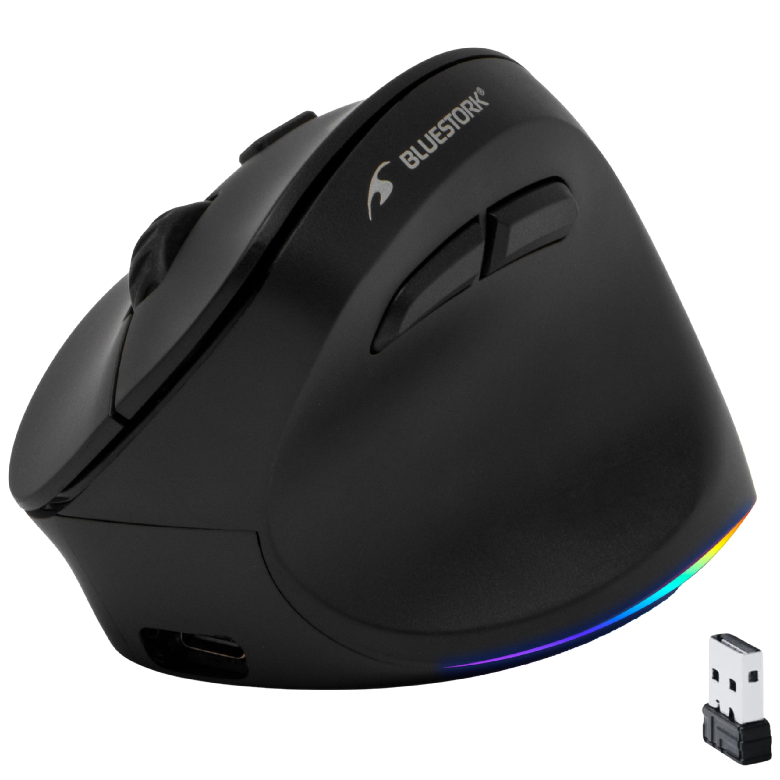 Bluestork - Mouse Verticale Senza Fili 2.4GHz + BT - Ricaricabile Mouse Ergonomico - DPI Regolabile 800-2400DPI - 6 Pulsanti LED RGB - Prevenzione del dolore - PC/MAC/IPAD - Per Destrorsi