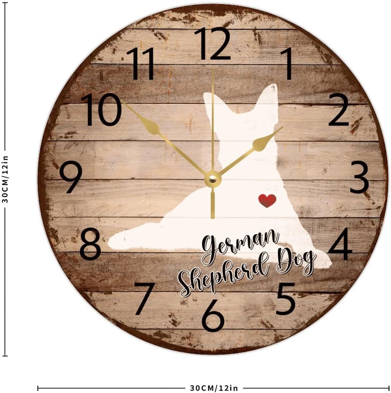 12 Inch Silent Non-Ticking Wall Clocks Battery Operated German Shepherd Dog Wall Decor for Living Room Memorial Pet Portrait Red Heart Retro Round Wooden Wall Clock Country for Dining Room Warehouse