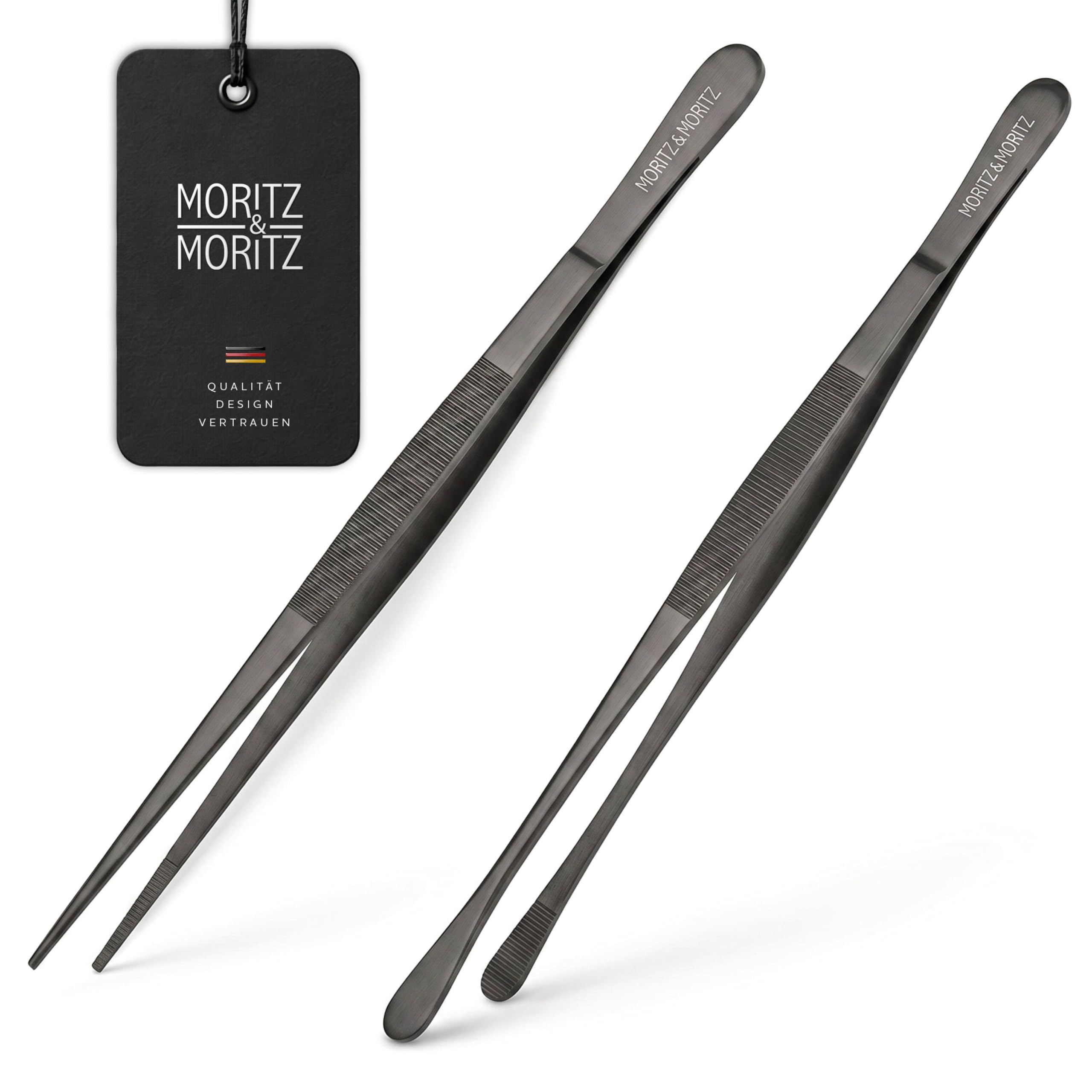Moritz & Moritz Kochpinzette 2er Set 30 cm, Küchenzange Edelstahl schwarz | Spitz zum Garnieren und rund zum Wenden, gefederte Arme, rostfreier Edelstahl, spülmaschinengeeignet