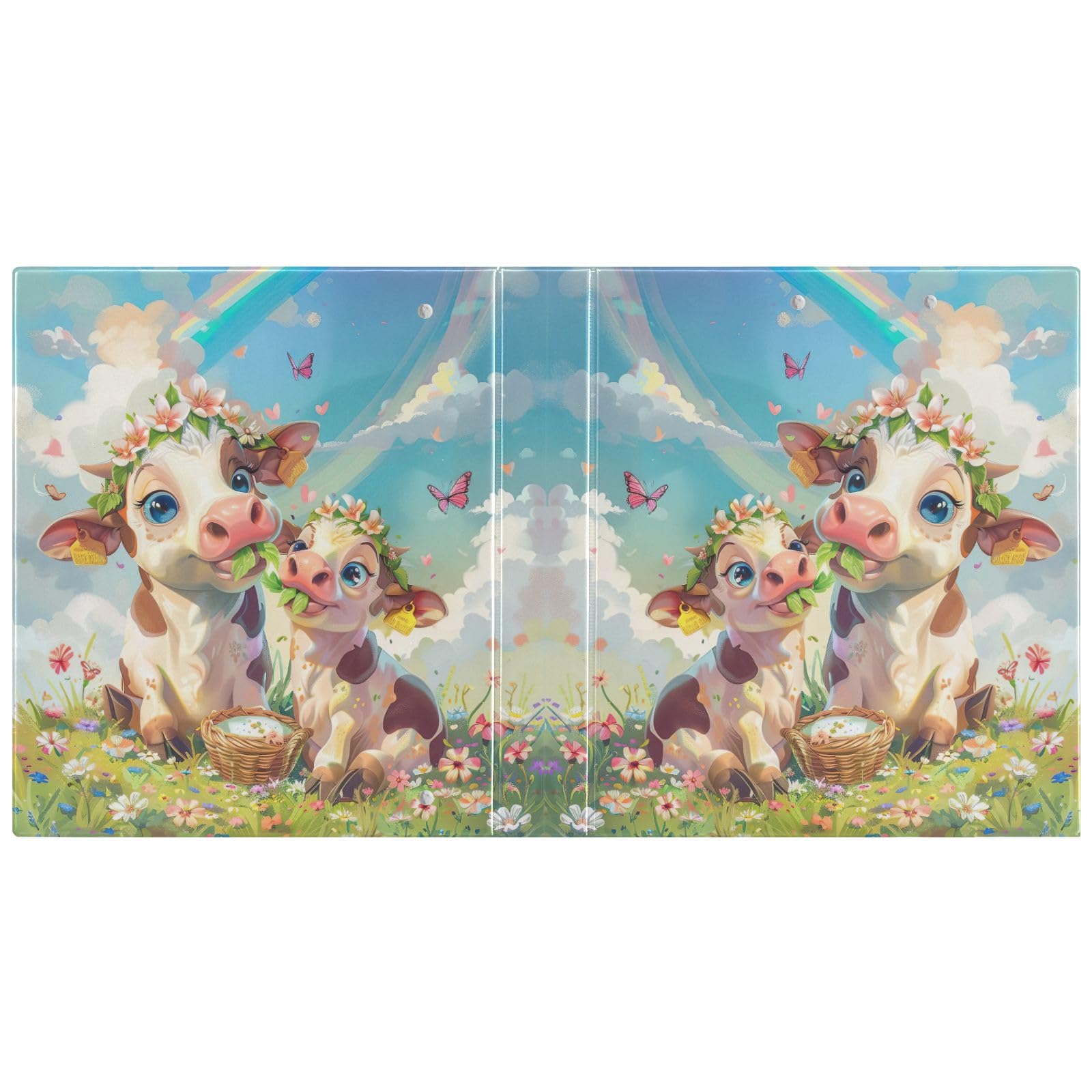 Raccoglitori a tre anelli decorativi da 2,5 cm e mezzo, 3 anelli con clip in metallo antiscivolo, versatili raccoglitori per scuola e ufficio, simpatiche mucche dei cartoni animati con fiori,