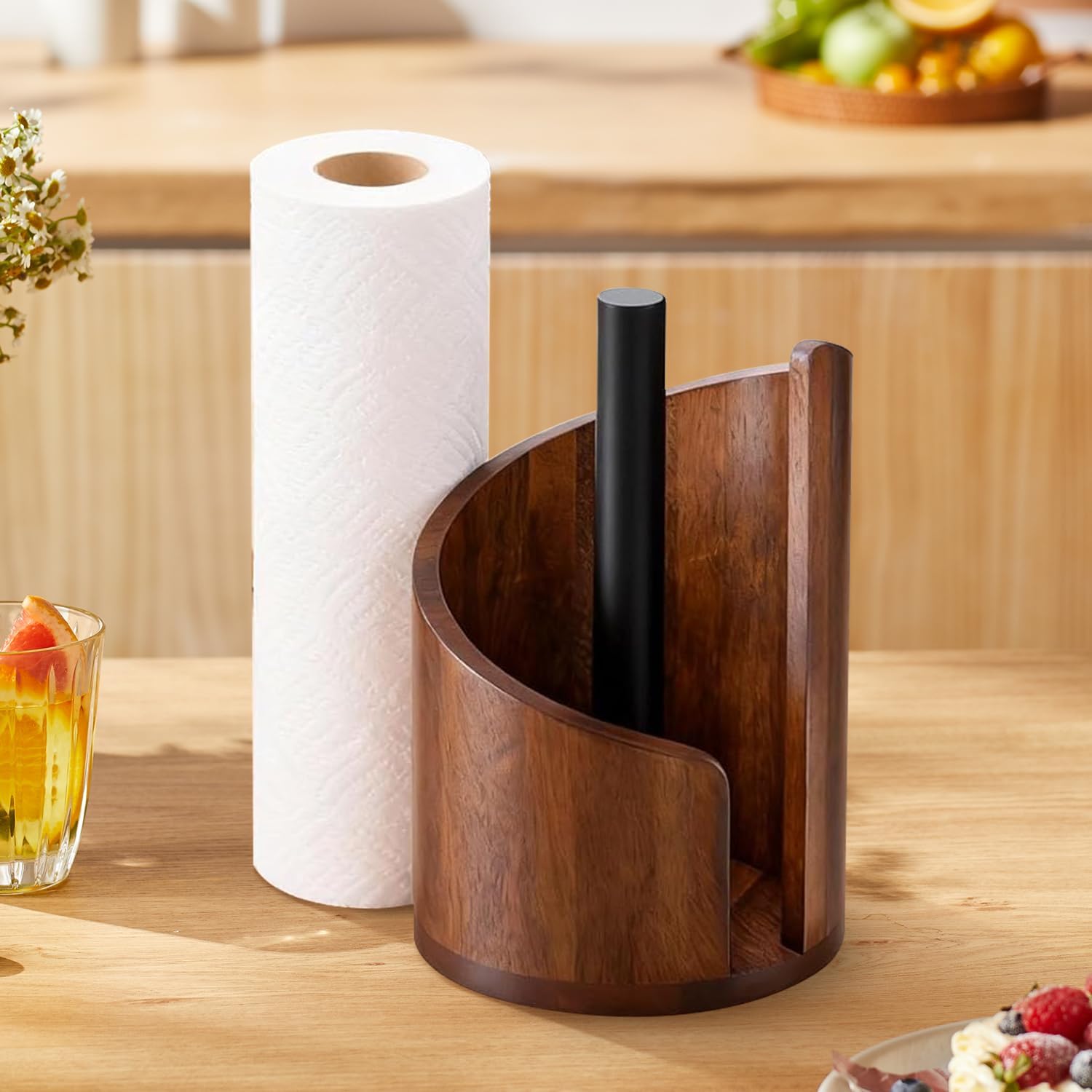 Wooden Paper Towel Holder Countertop with Mango Wood Round Base(Non-Slip Rubber Dots), Effortless Tearing, Modern Countertop Wood Paper Towel Holders for Living Room, Kitchen