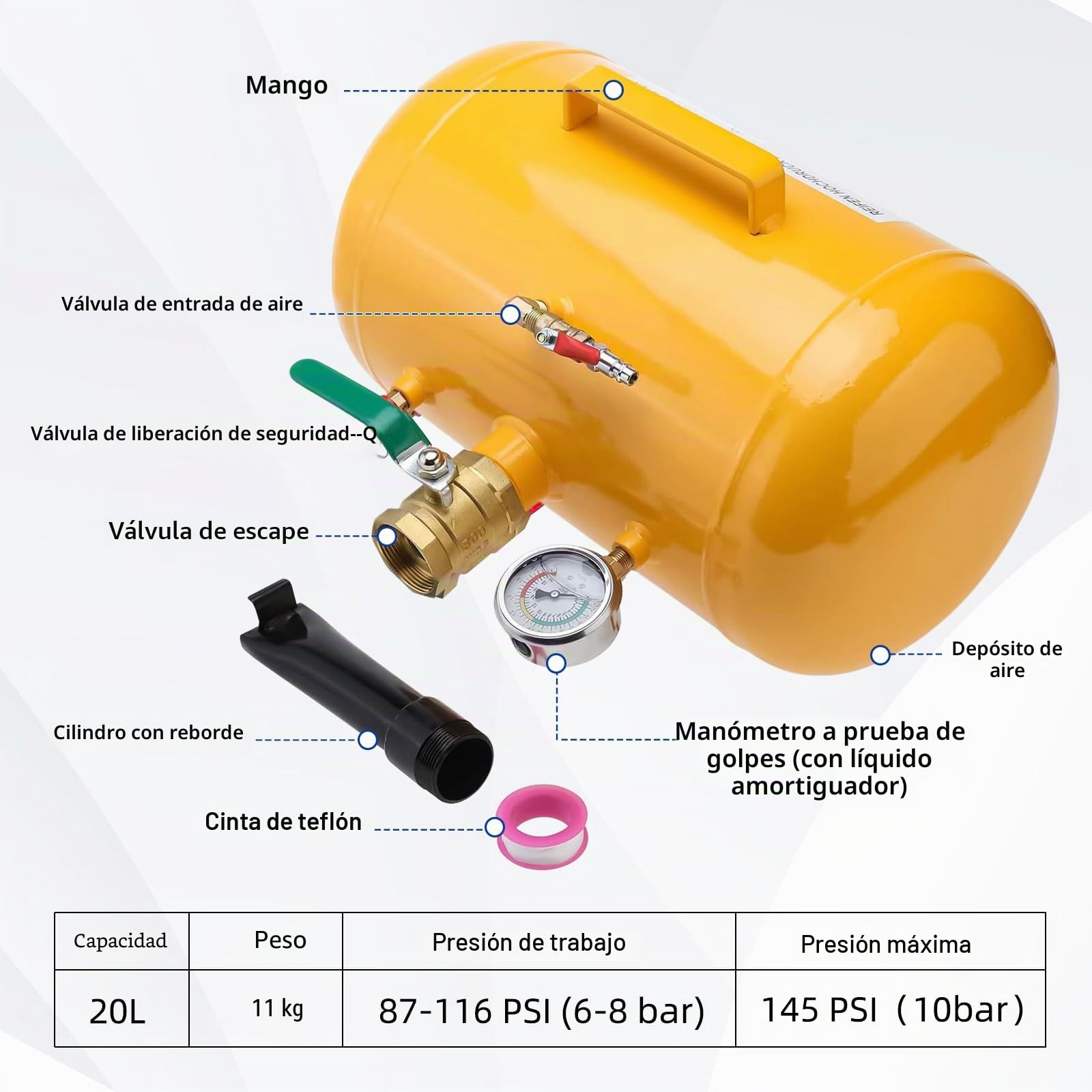 FreeTec 20L neumático inflador de neumáticos Refuerzo de Choque Relleno de Aire Refuerzo de cañón de Aire Ayuda de llenado