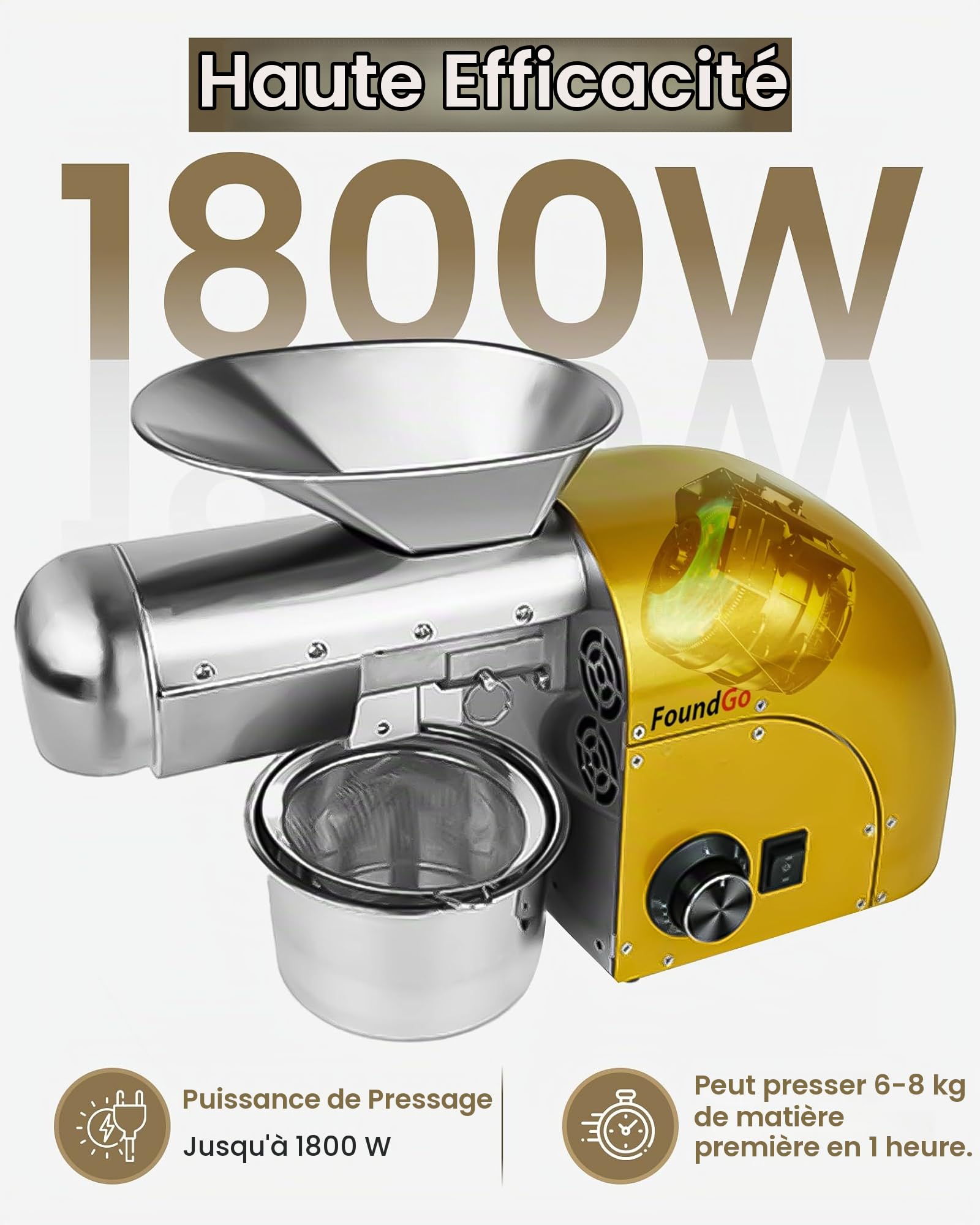 FoundGo 1800W Presse Huile Electrique Presse à Huile 0-300℃ Machine de Presse Huile a Froid Chaud Machine pour Les Noix, Cacahuètes, Graines Sésame, Amande, 6-9kg/heure (doré)