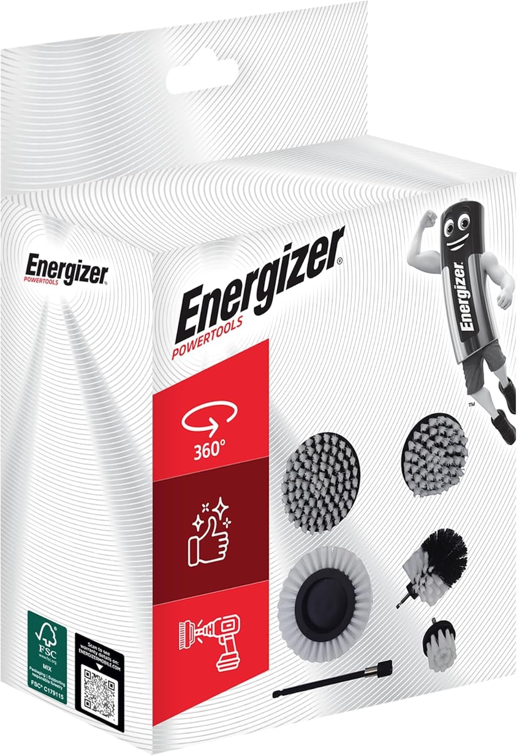 Energizer - Set di spazzole per pulizia trapano, 6 pezzi, spazzola per trapano auto, pulizia, cerchioni, piastrelle, tappeti, vasca, cucina, WC, pavimento - prolunga pratica inclusa