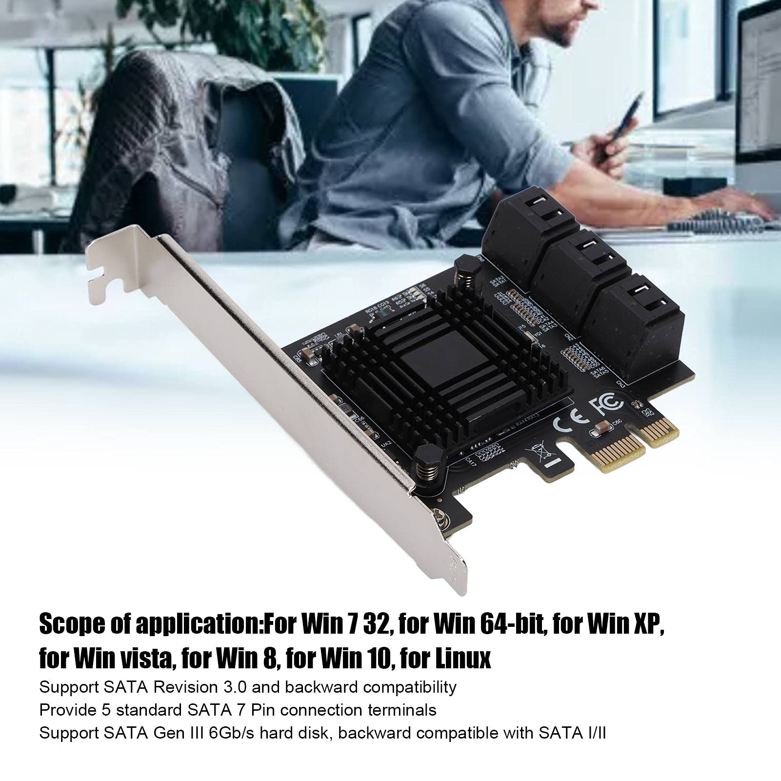 Karta SATA PCI E, 6-portowy Układ ASM 7-pinowe Złącza Przyłączeniowe Karty Rozszerzeń Kompatybilne z SATA I/II dla 7 32/64-bit, dla XP/Vista, dla 8/10, dla Linux