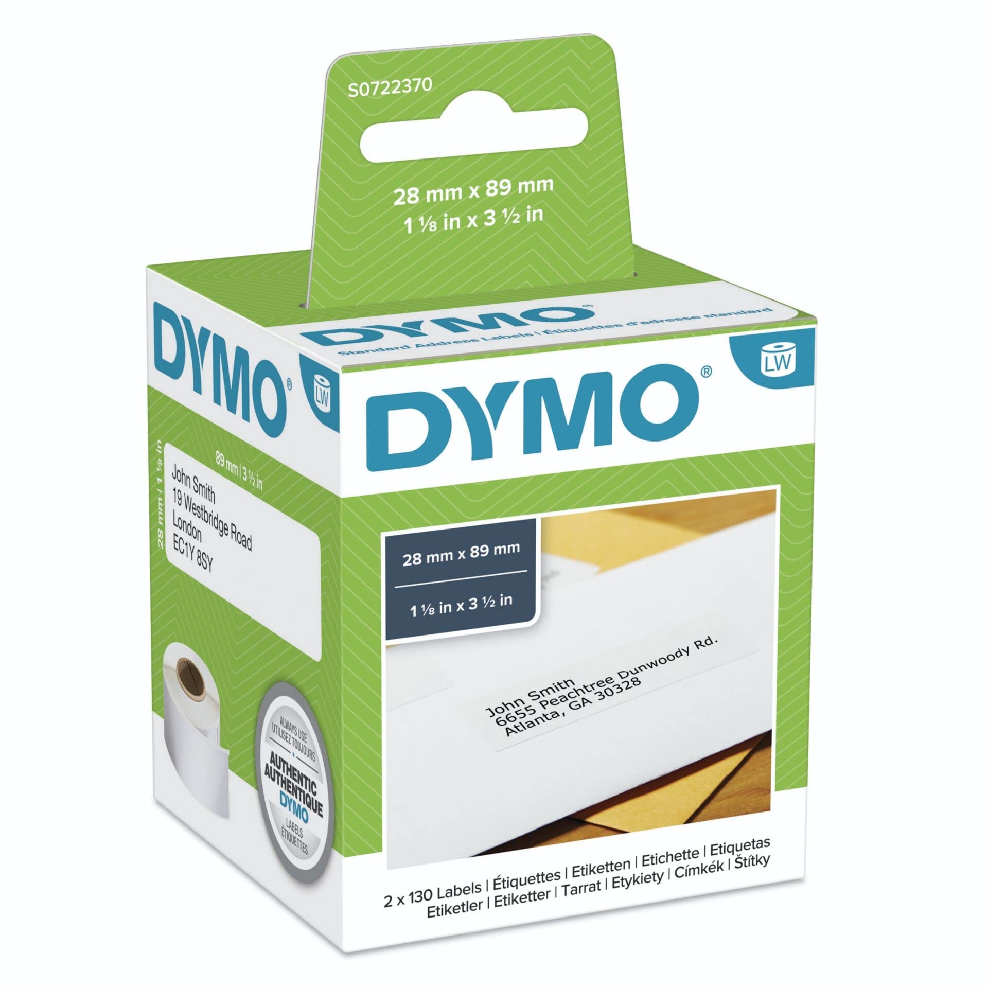 Dymo LabelWriter Standard Address Labels 28 mm x 89 mm - Black on White (Pack of 2 x 130 Labels)