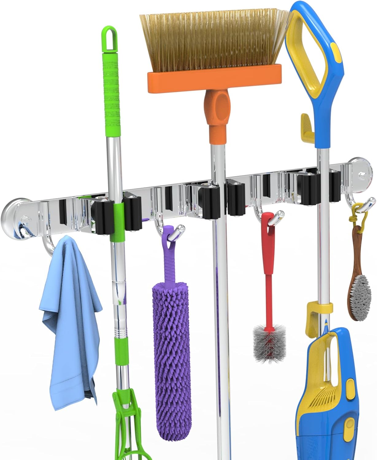 3-H Magnetic Broom Holder Wall Mount 1 Pack, 2-in-1 Dual Mount (No Drill or Screw Fix), 304 Stainless Steel Heavy Duty Magnet Mop Broom Organizer for Kitchen Garden Garage(3 Racks & 4 Hooks,Silver)