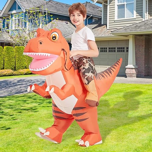 Miniatura 4 de GOOSH Disfraz inflable de dinosaurio para niños que montan en T Rex Air Blow Up Funny Fancy Dress Halloween Party Cosplay disfraz