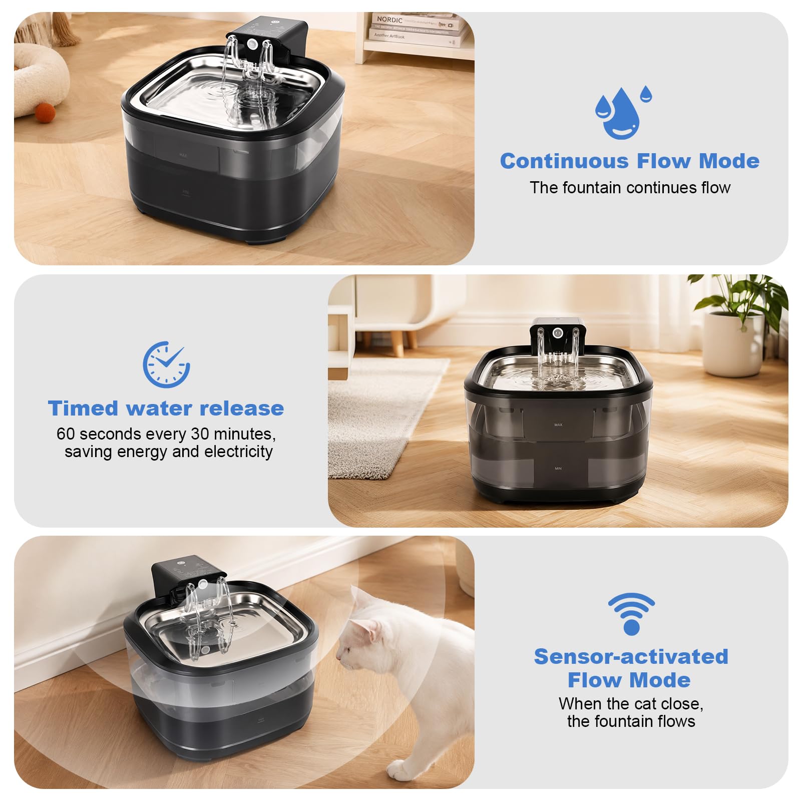 Fuente de agua inalámbrica para gatos, fuente automática de 3.2 L, bomba ultra silenciosa, material sin BPA, sistema de triple filtración, dispensador de agua inalámbrico para gatos y