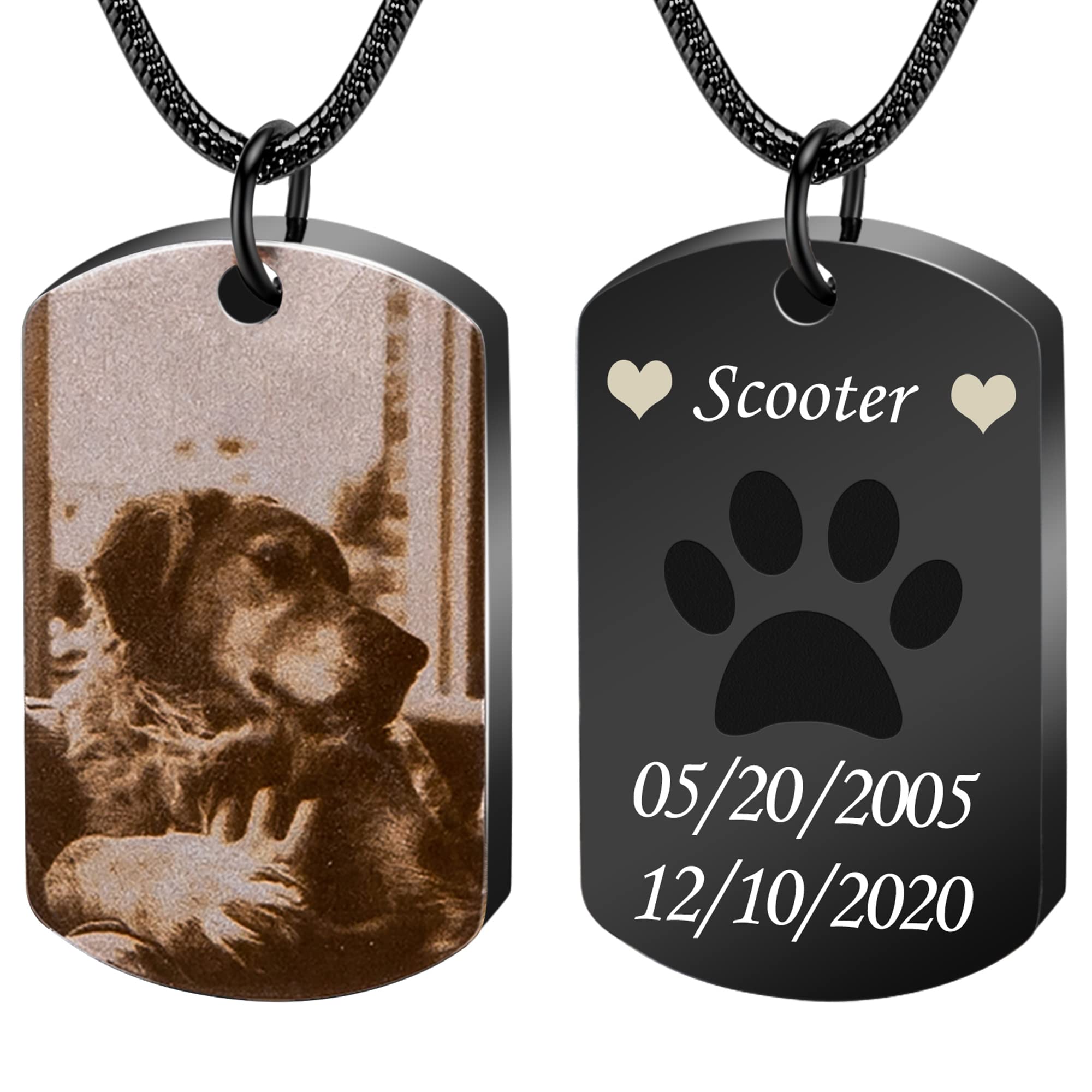 Personalised Urn Necklace for Ashes, Custom Photo & Text Pet Ashes Necklace Memorial Dog Tag Pendant Cremation Jewellery with Ashes Mobile Set (Large Size-Black Ashes Necklace-Black & White Photo)