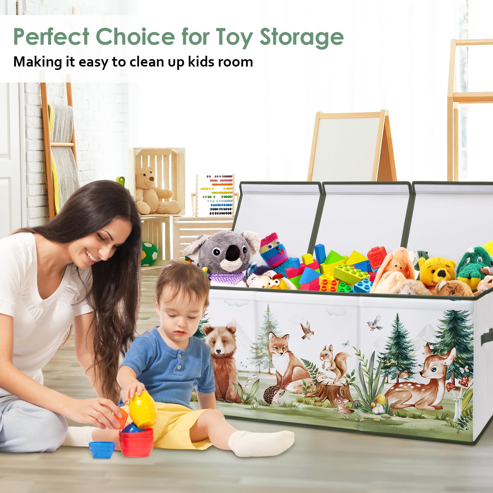 Extra Groß Aufbewahrungsbox mit Deckel Kinder, Zusammenklappbare Oxford-Spielzeugkiste mit Griff für Mädchen Jungen, Wasserdichte Spielzeug Aufbewahrung im Kinderzimmer, 96×32×40 cm (Tiere im Winter)