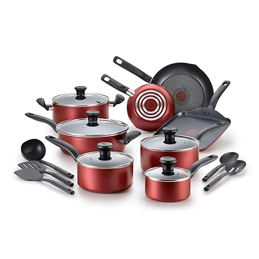 T-fal, Dishwasher Safe Cookware Set, 18 Piece, Red Initiatives Nonstick Inside