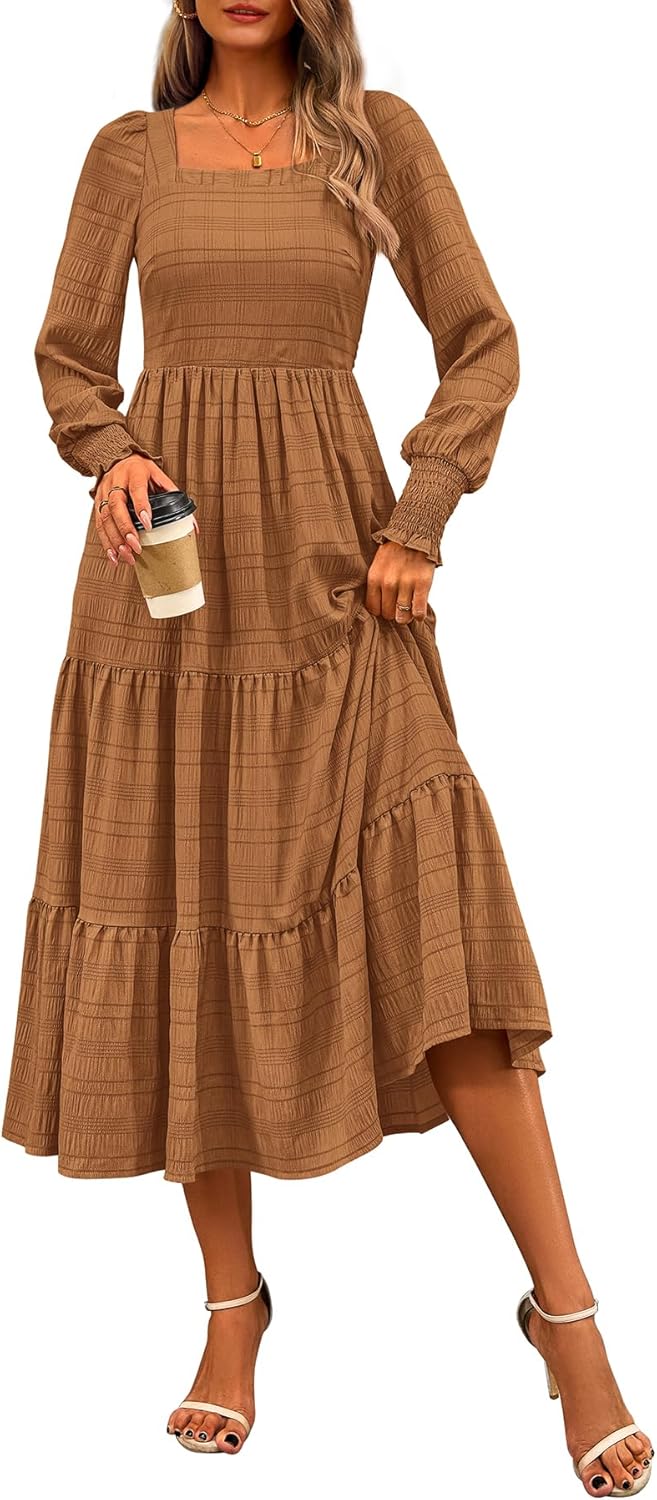 CFLONGE Women's Fall Dresses 2025 Puff Long Sleeve Square Neck Dress High Waist Smocked A-Line Flowy Wedding Party Maxi Dress